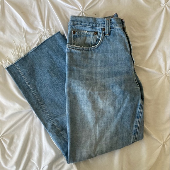 Eddie Bauer 32x32 (hemmed to 32x30 with a raw edge) upcycled jeans in blue wash - Picture 1 of 11